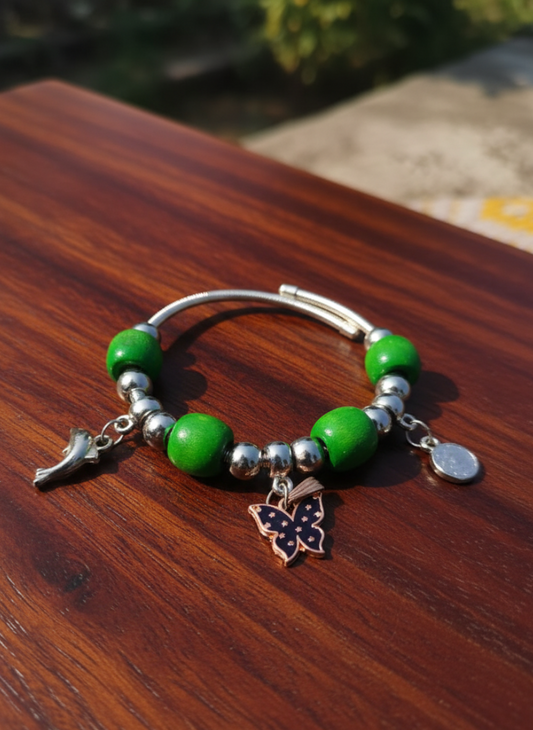 Vibrant Green Beaded Charm Bracelet with Enamel Butterfly