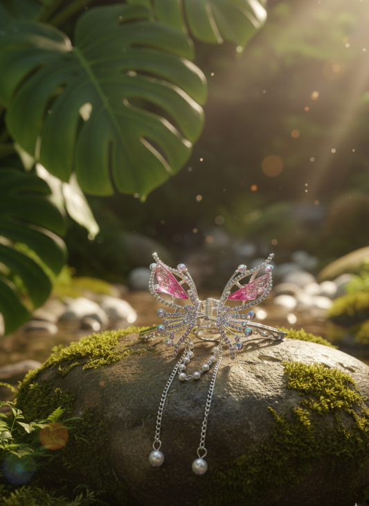 Dangling Pearl Chain Butterfly Claw Clip | Pink Crystal Fairycore Hair Accessory