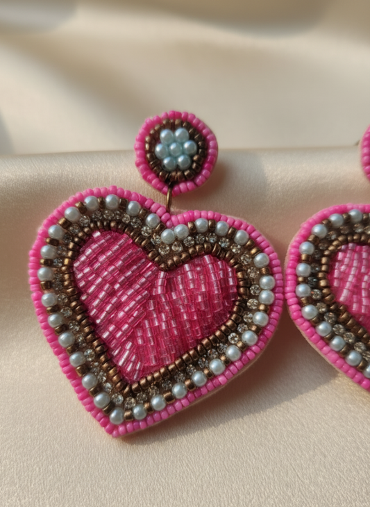 Hand-Embroidered Hot Pink Heart Drop Earrings