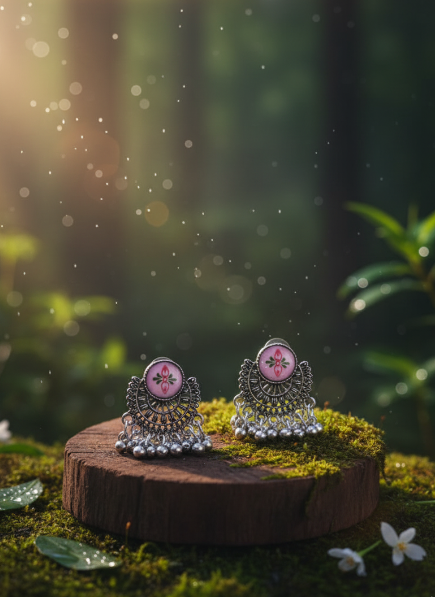 Pink Enamel Floral Stud Oxidized Earrings