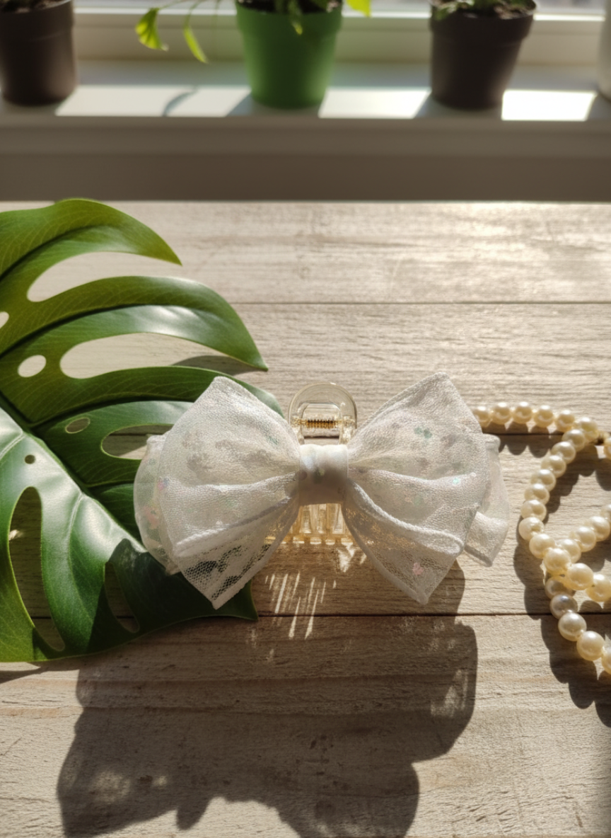 Lace and Organza Crystal Bow Hair Clature