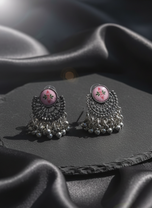 Pink Enamel Floral Stud Oxidized Earrings