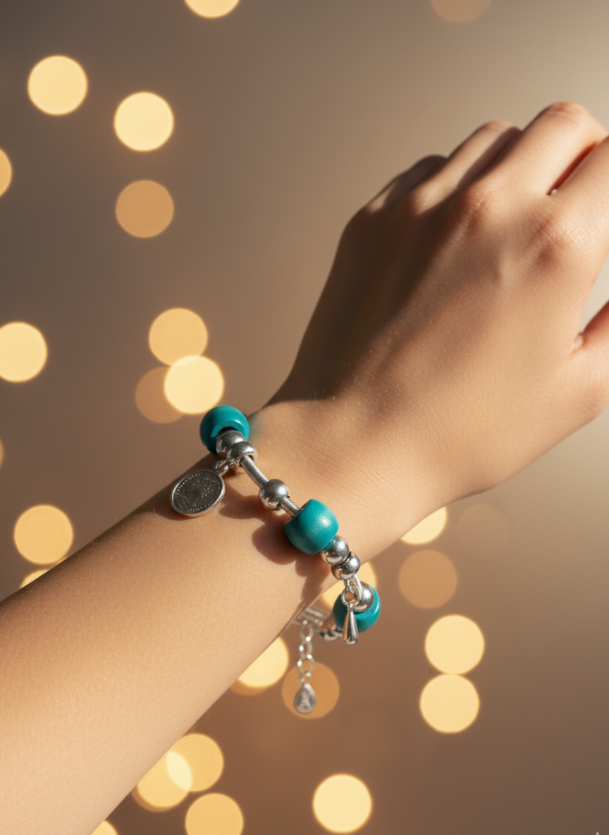 Vibrant Green Beaded Charm Bracelet with Enamel Butterfly