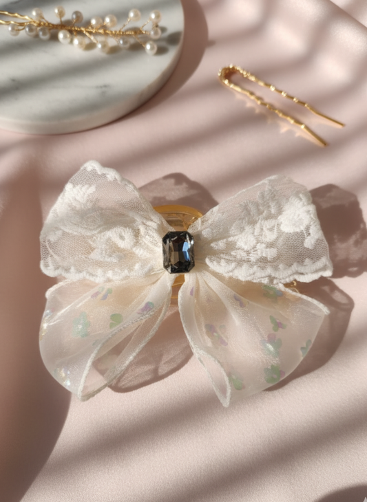 Lace and Organza Crystal Bow Hair Clature
