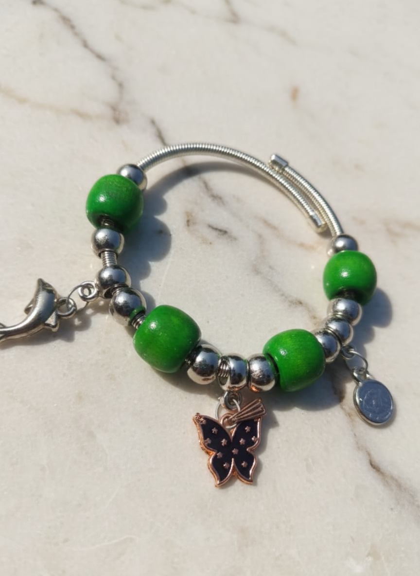 Vibrant Green Beaded Charm Bracelet with Enamel Butterfly