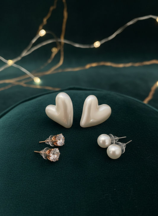 Everyday Stud Earring Bundle | Romantic Heart, Pearl, and Crystal Set