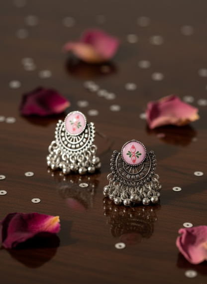 Pink Enamel Floral Stud Oxidized Earrings