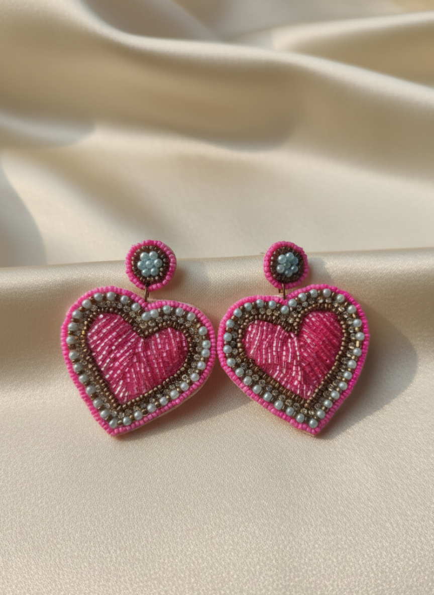 Hand-Embroidered Hot Pink Heart Drop Earrings