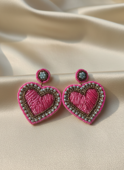 Hand-Embroidered Hot Pink Heart Drop Earrings