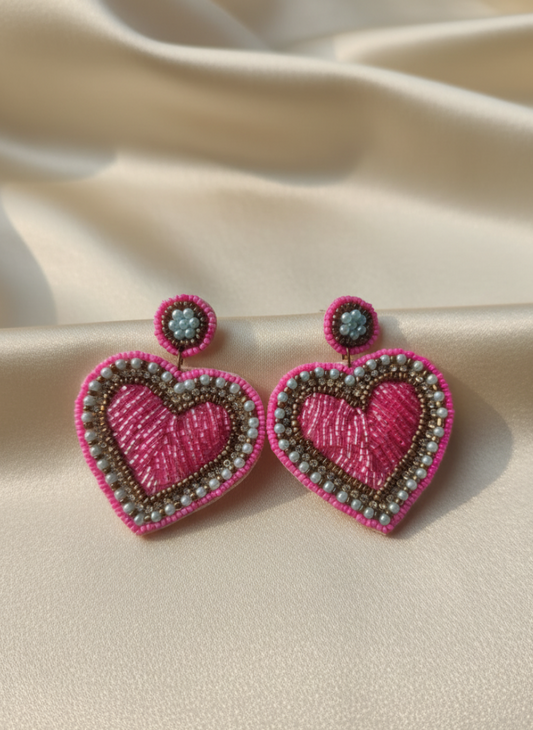 Hand-Embroidered Hot Pink Heart Drop Earrings