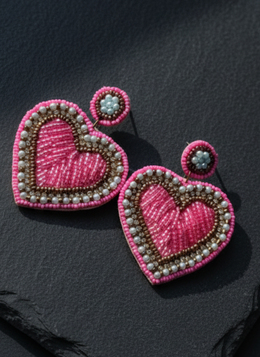 Hand-Embroidered Hot Pink Heart Drop Earrings