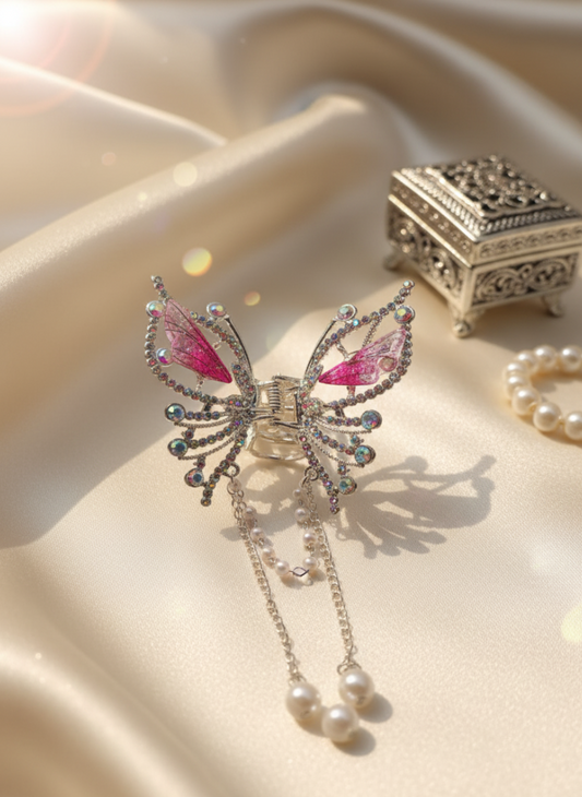 Dangling Pearl Chain Butterfly Claw Clip | Pink Crystal Fairycore Hair Accessory