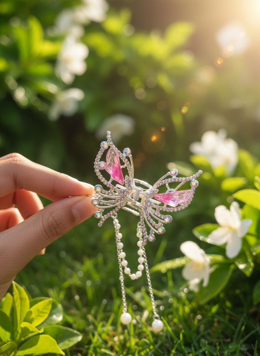 Dangling Pearl Chain Butterfly Claw Clip | Pink Crystal Fairycore Hair Accessory