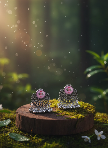 Pink Enamel Floral Stud Oxidized Earrings