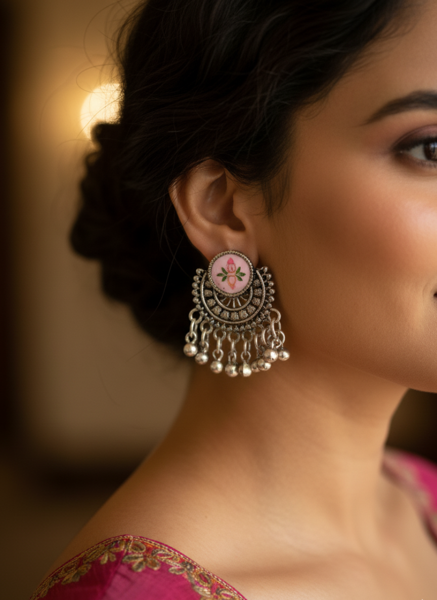 Pink Enamel Floral Stud Oxidized Earrings