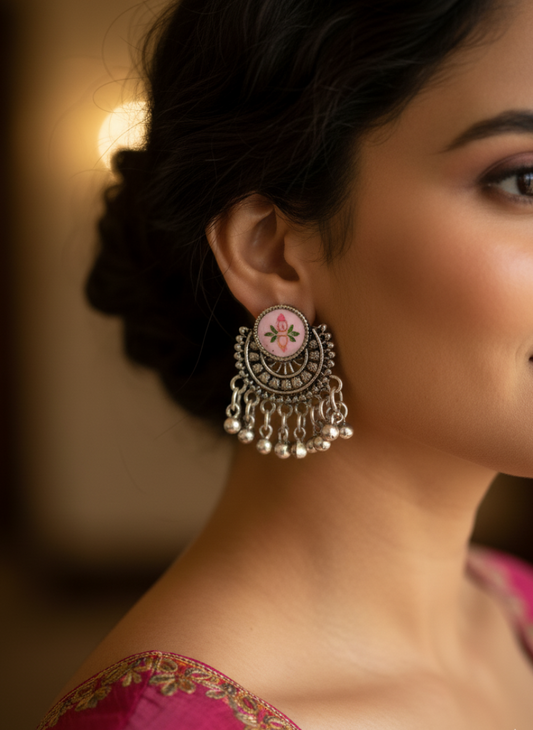 Pink Enamel Floral Stud Oxidized Earrings