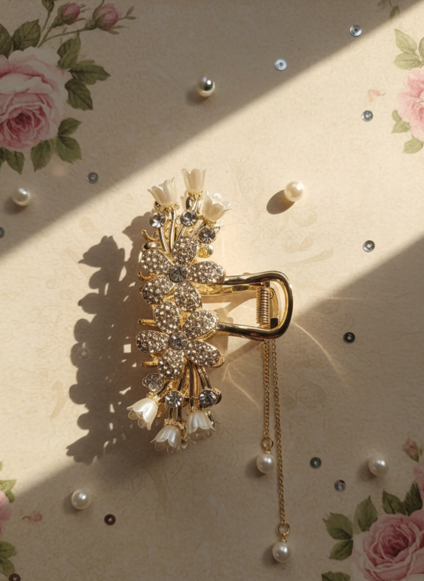 Pearl & Crystal Floral Dangle Claw Clature