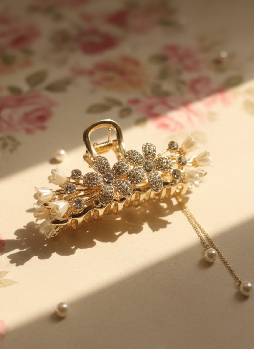 Pearl & Crystal Floral Dangle Claw Clature