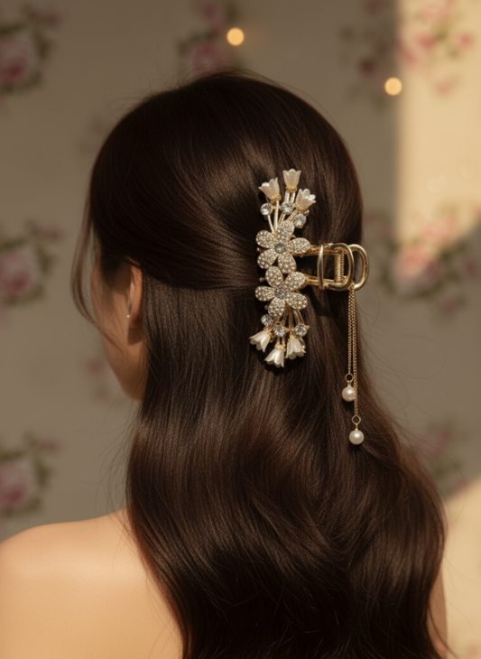 Pearl & Crystal Floral Dangle Claw Clature
